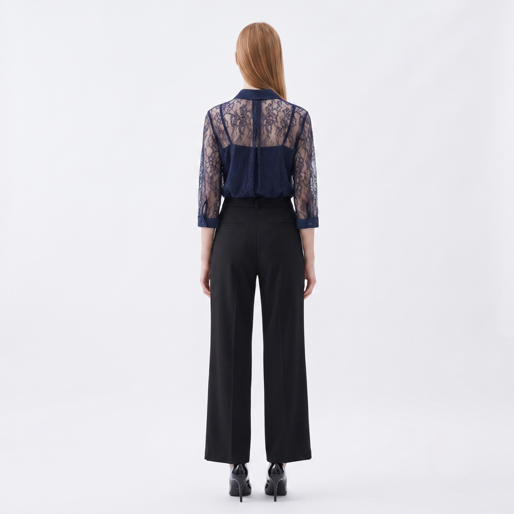 Navy Blue 3/4 Sleeve Lace Blouse with Inner Camisole