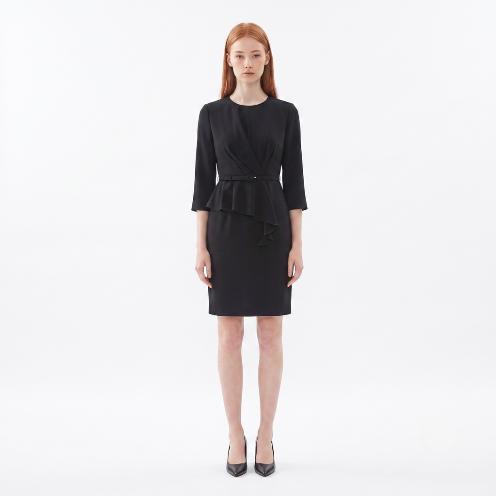 Black Asymmetric Belted Ruffle Dress