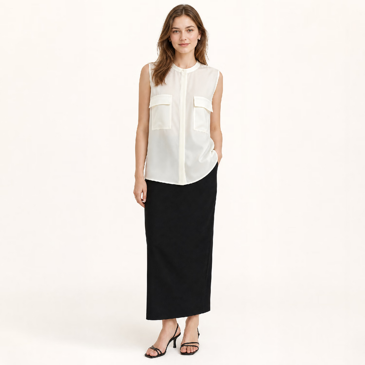 White Chiffon Slik Sleeveless Pocket Blouse