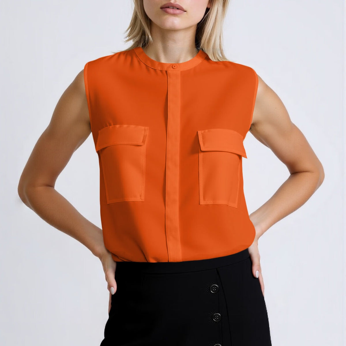Orange Chiffon Slik Sleeveless Pocket Blouse