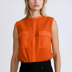 Orange Chiffon Slik Sleeveless Pocket Blouse