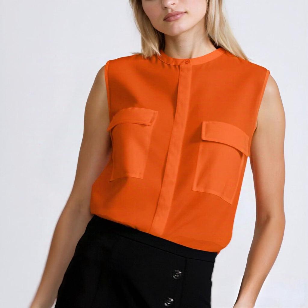 Orange Chiffon Slik Sleeveless Pocket Blouse