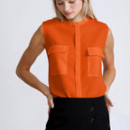 Orange Chiffon Slik Sleeveless Pocket Blouse