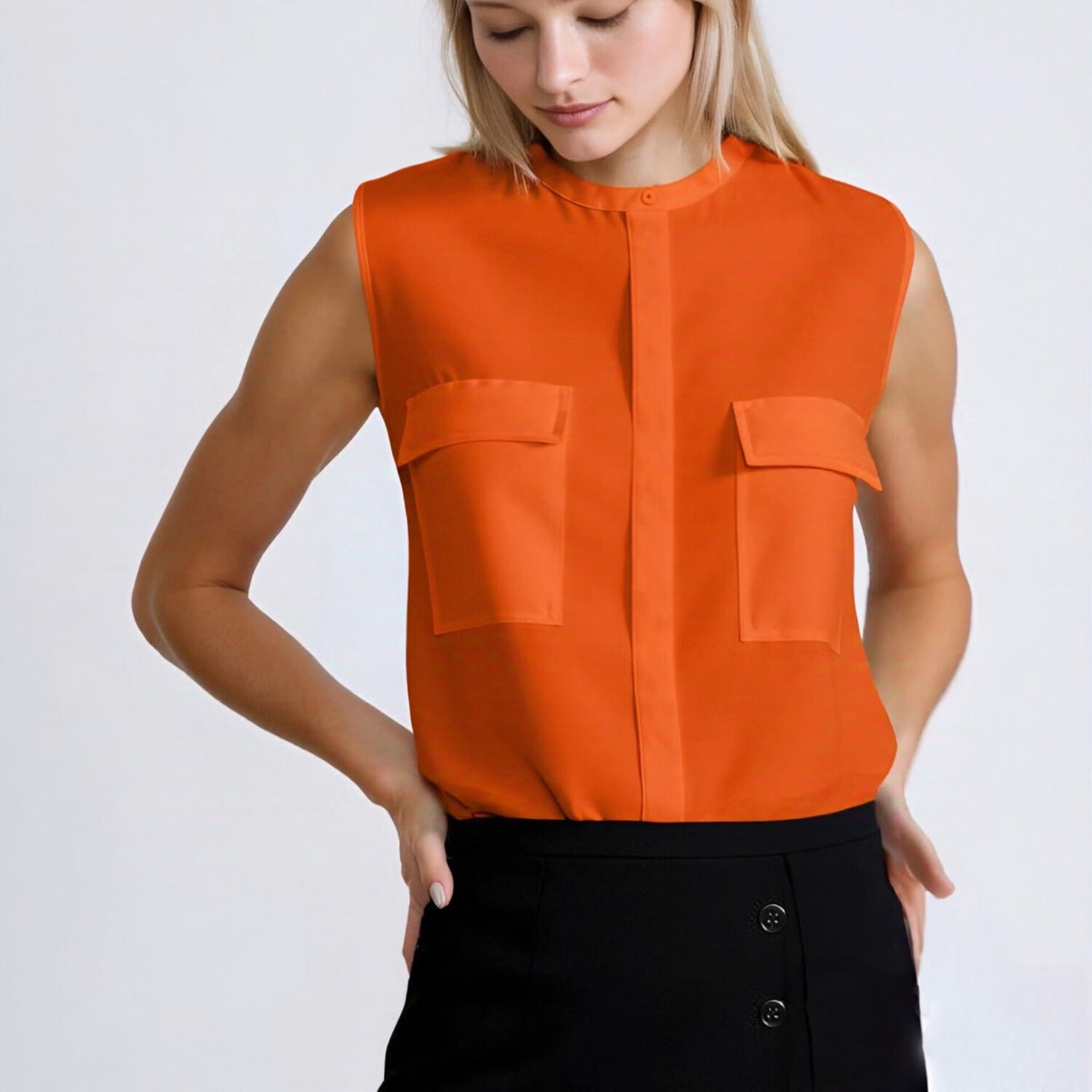 Orange Chiffon Slik Sleeveless Pocket Blouse