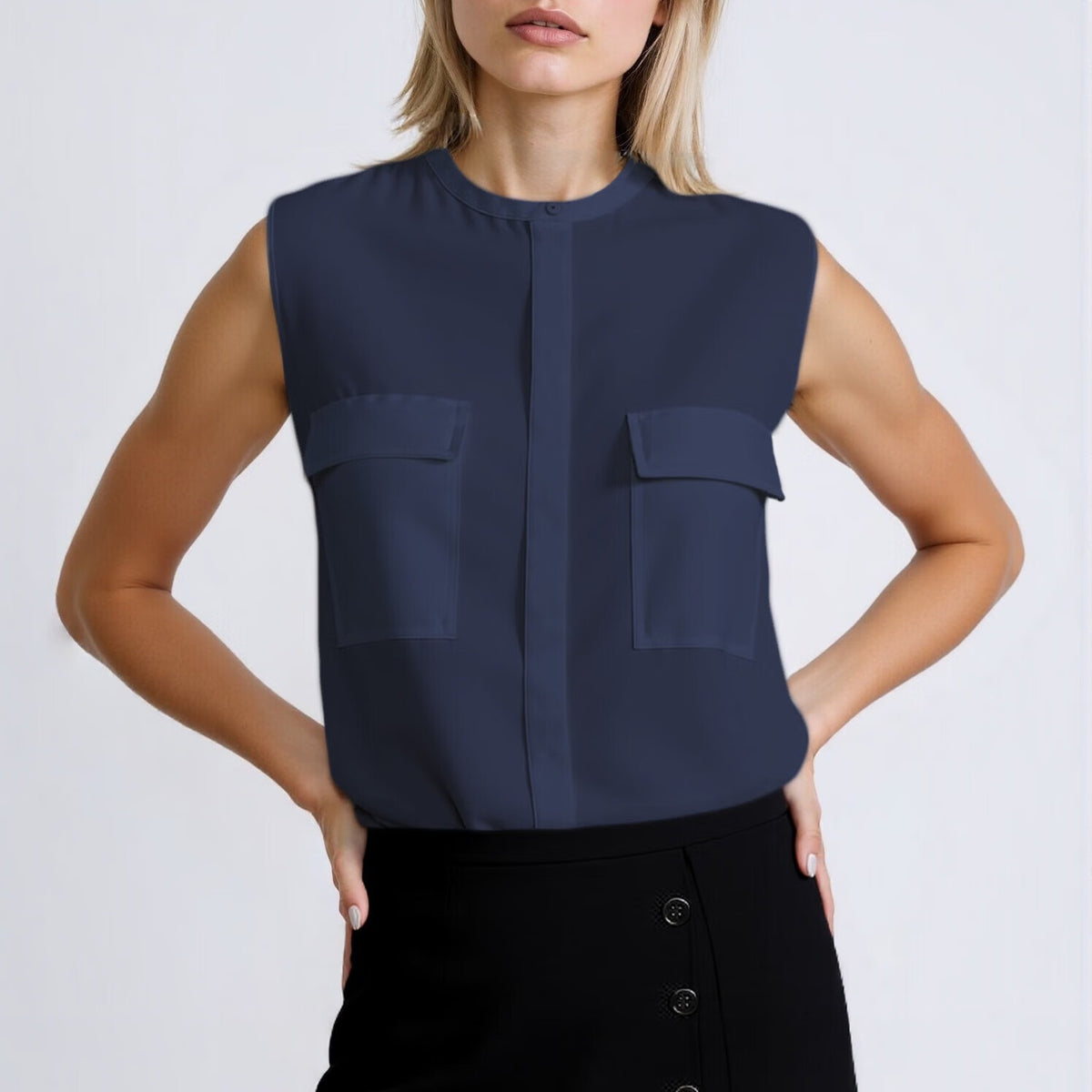 Navy Chiffon Slik Sleeveless Pocket Blouse