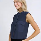 Navy Chiffon Slik Sleeveless Pocket Blouse