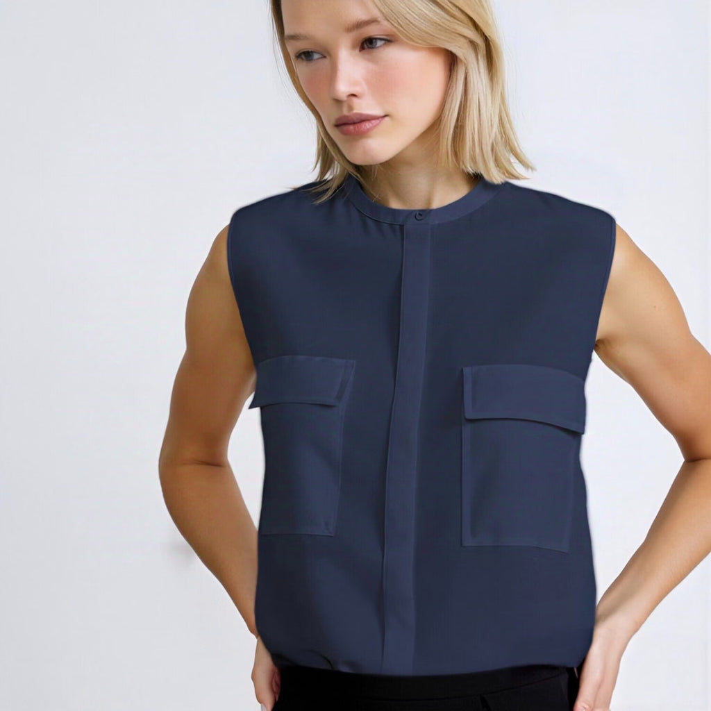 Navy Chiffon Slik Sleeveless Pocket Blouse