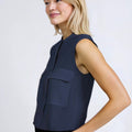 Navy Chiffon Slik Sleeveless Pocket Blouse