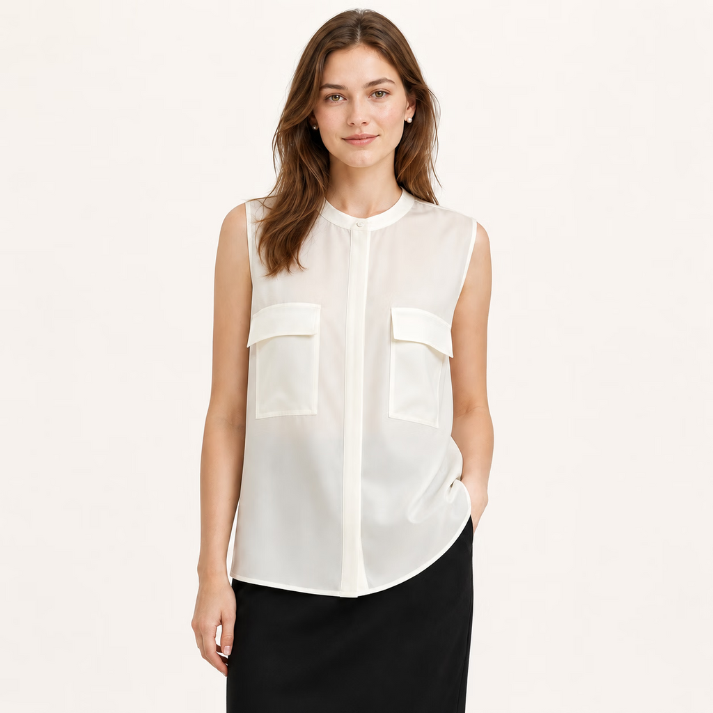 White Chiffon Slik Sleeveless Pocket Blouse