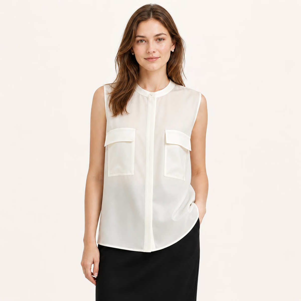 White Chiffon Slik Sleeveless Pocket Blouse