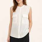 White Chiffon Slik Sleeveless Pocket Blouse