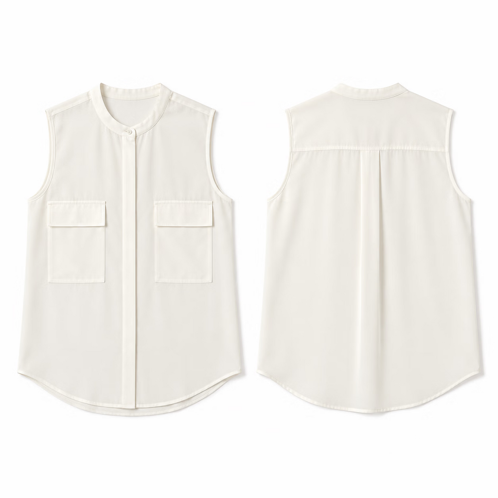 White Chiffon Slik Sleeveless Pocket Blouse
