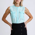 Blue Chiffon Slik Sleeveless Pocket Blouse