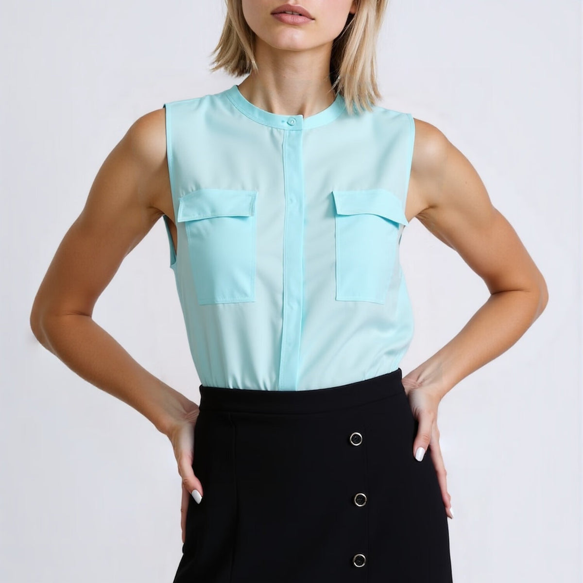 Blue Chiffon Slik Sleeveless Pocket Blouse