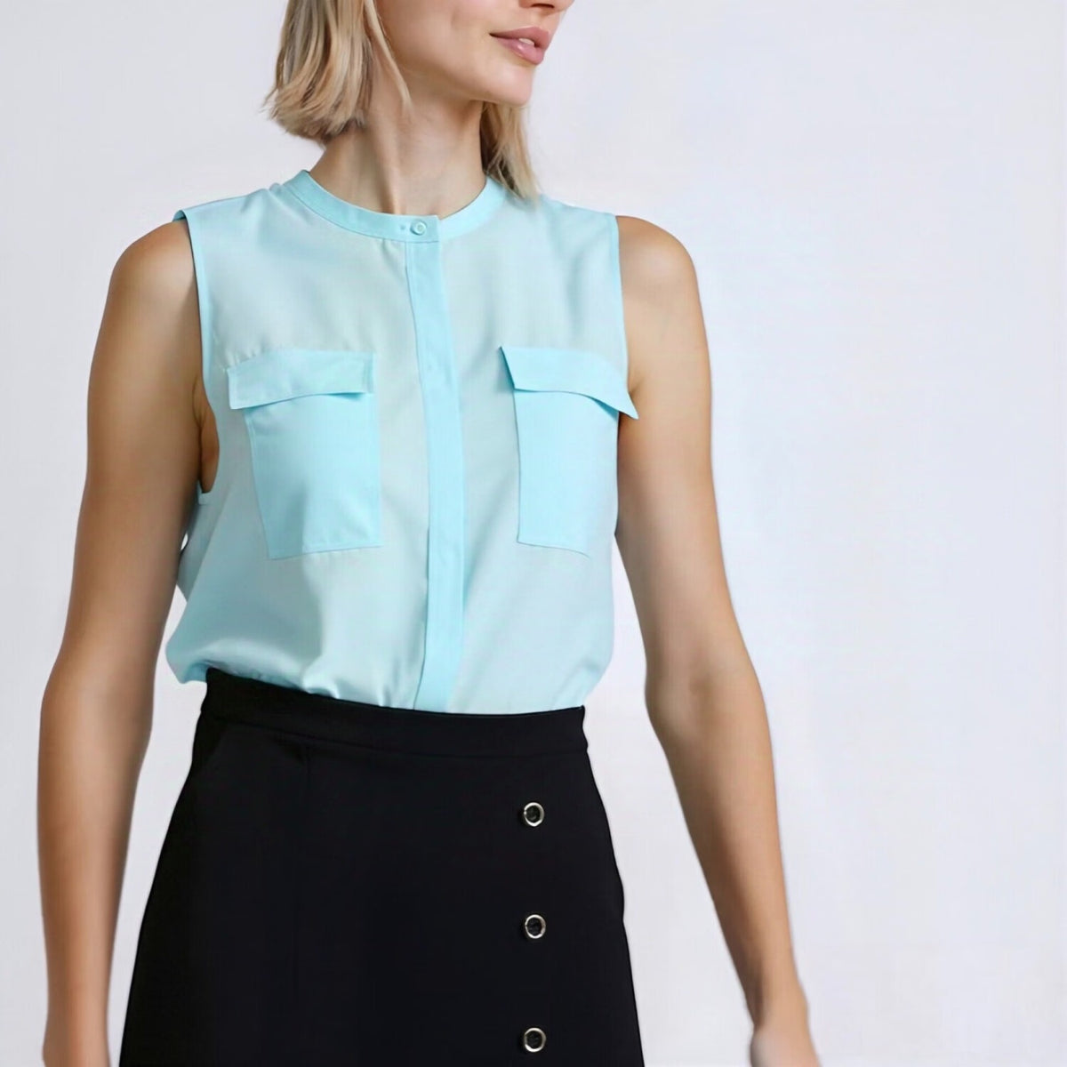 Blue Chiffon Slik Sleeveless Pocket Blouse
