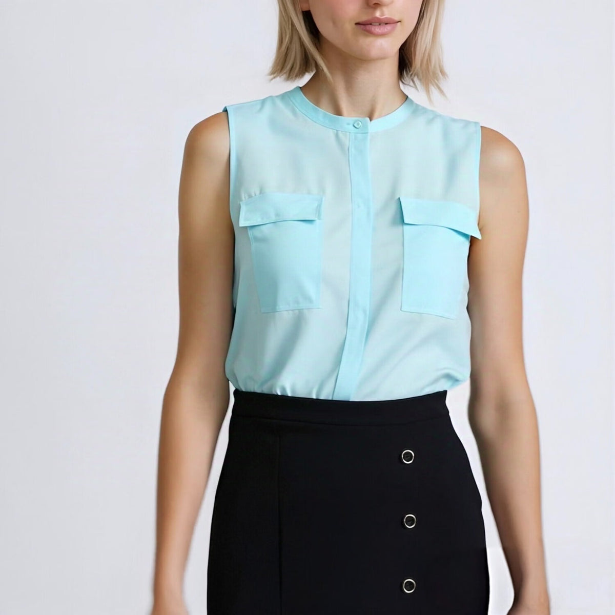 Blue Chiffon Slik Sleeveless Pocket Blouse