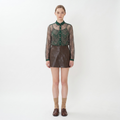 Dark Green Long Sleeve Sheer Lace Blouse