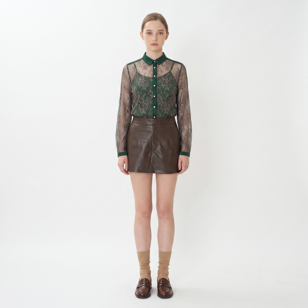 Dark Green Long Sleeve Sheer Lace Blouse