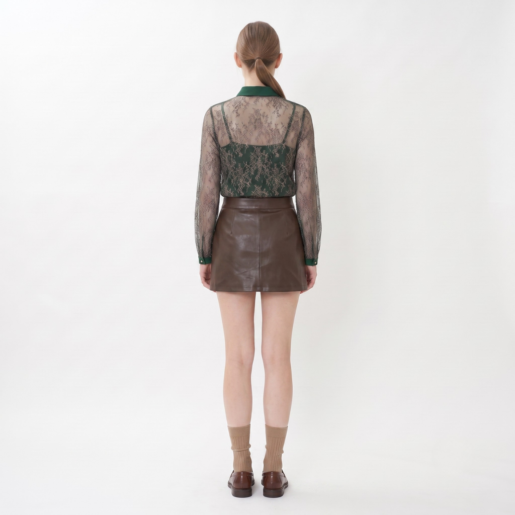 Dark Green Long Sleeve Sheer Lace Blouse
