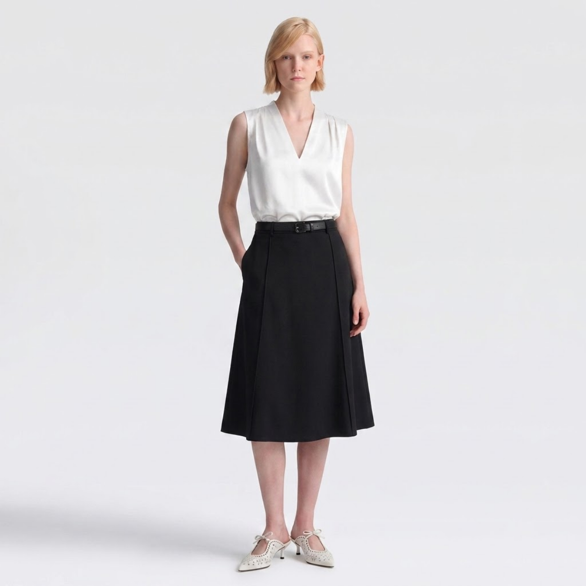Ivory Satin V-Neck Sleeveless Blouse