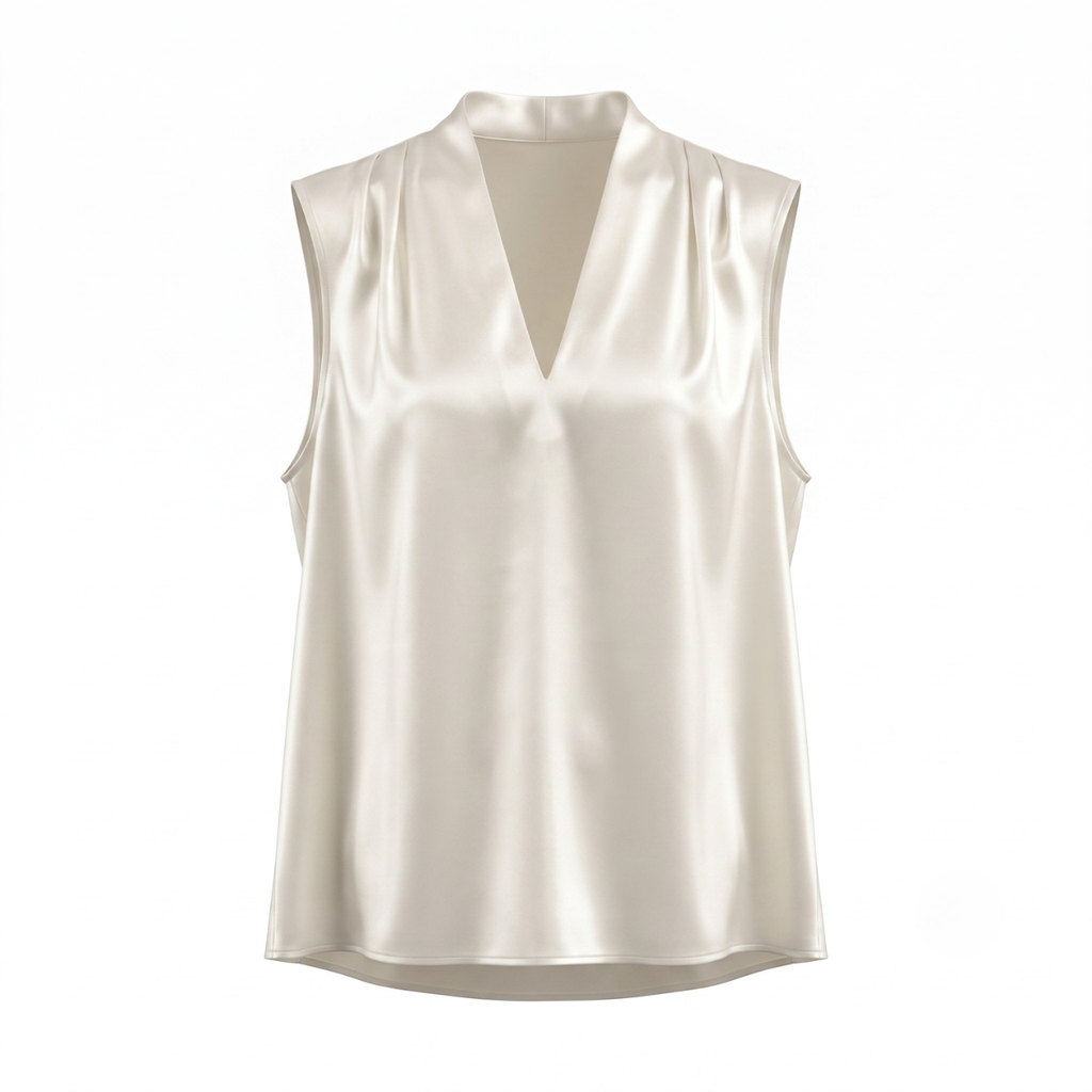 Ivory Satin V-Neck Sleeveless Blouse