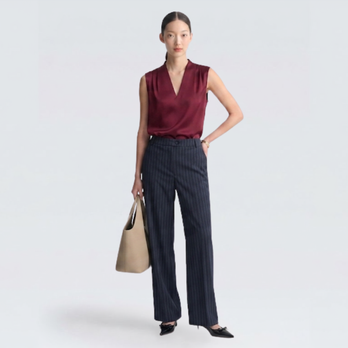 Burgundy Satin V-Neck Sleeveless Blouse