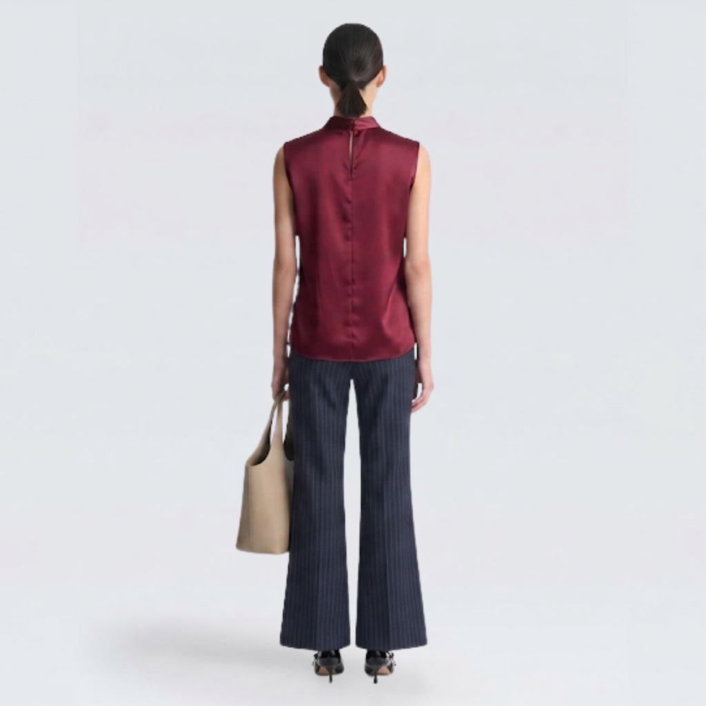 Burgundy Satin V-Neck Sleeveless Blouse
