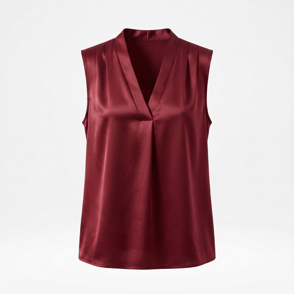 Burgundy Satin V-Neck Sleeveless Blouse