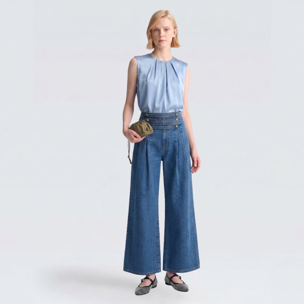 Baby Blue Pleated Satin Sleeveless Blouse