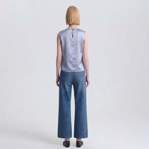 Baby Blue Pleated Satin Sleeveless Blouse