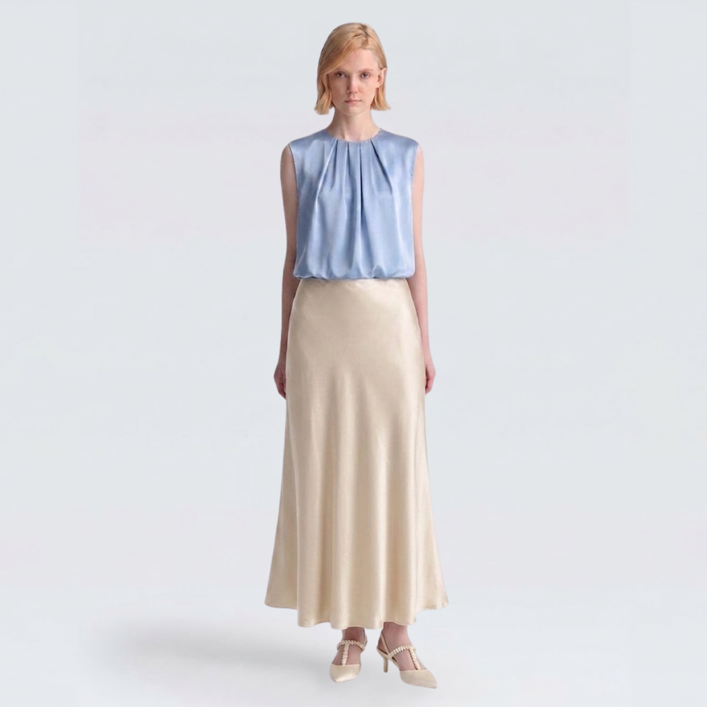 Baby Blue Pleated Satin Sleeveless Blouse