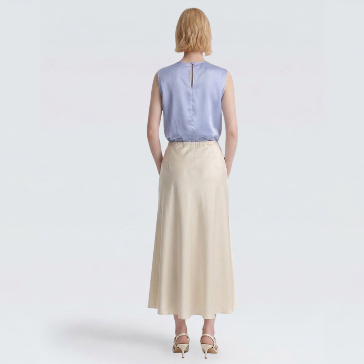 Baby Blue Pleated Satin Sleeveless Blouse