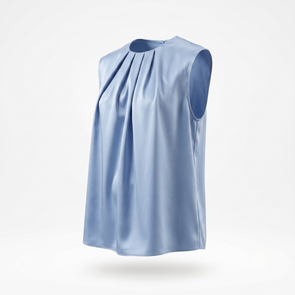 Baby Blue Pleated Satin Sleeveless Blouse
