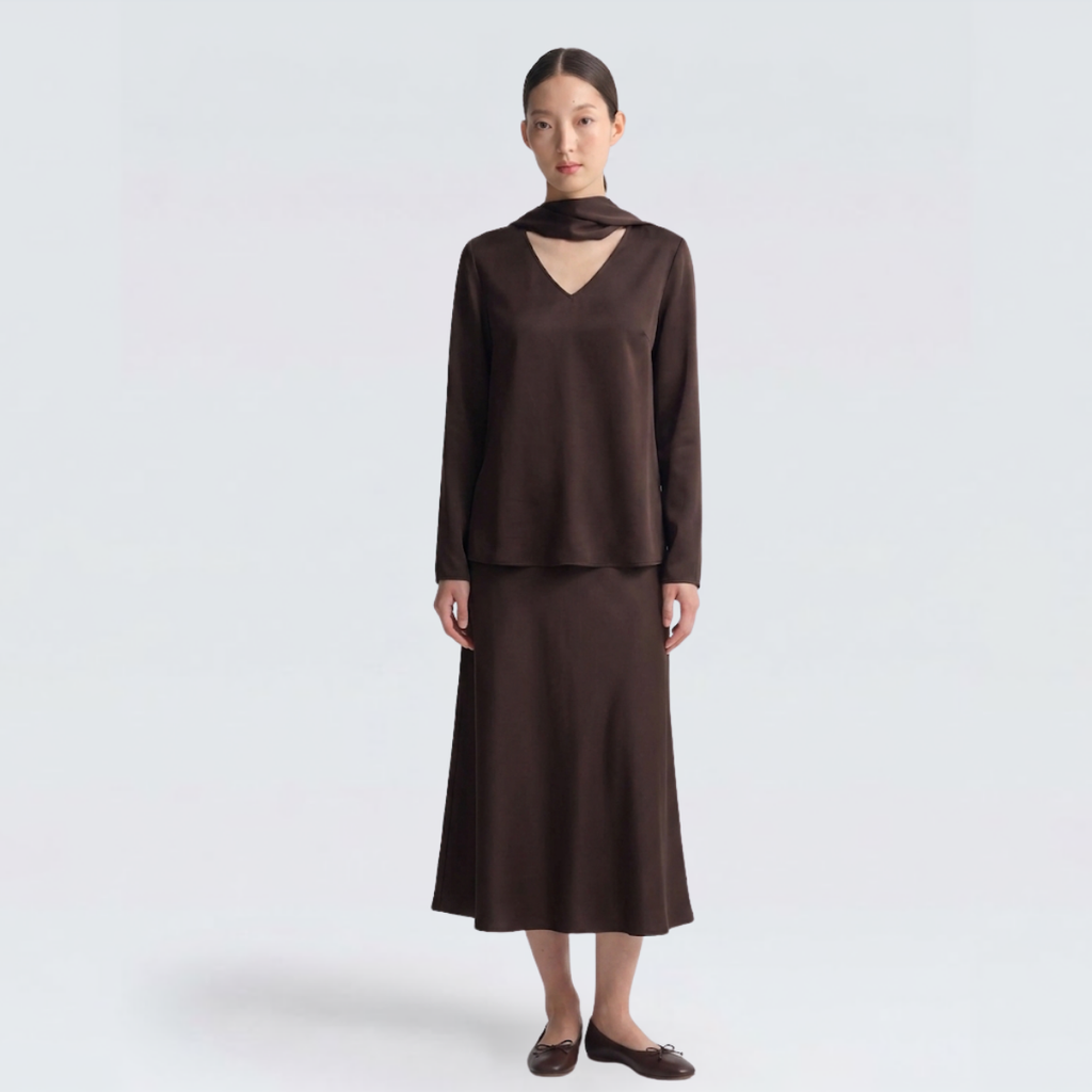 Mocha Brown Viscose V-Neck Scarf Blouse