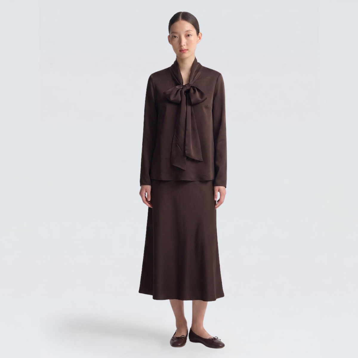 Mocha Brown Viscose V-Neck Scarf Blouse