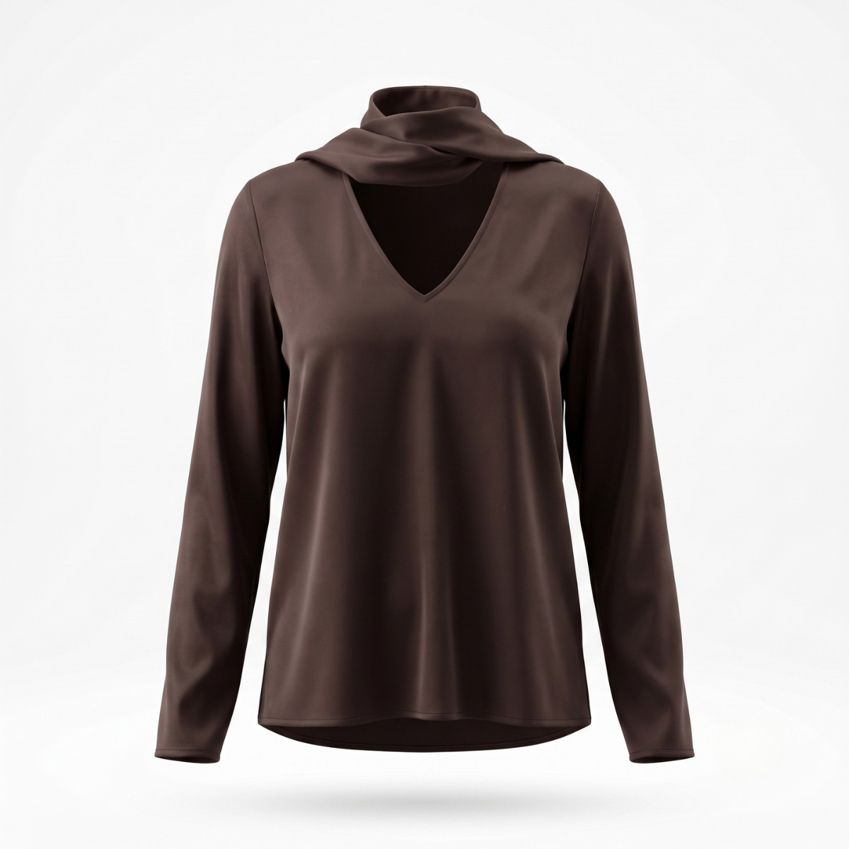 Mocha Brown Viscose V-Neck Scarf Blouse