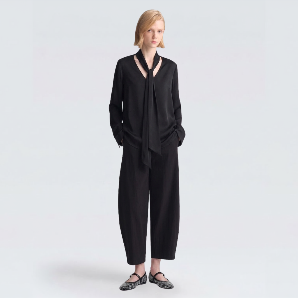 Black Viscose V-Neck Scarf Blouse