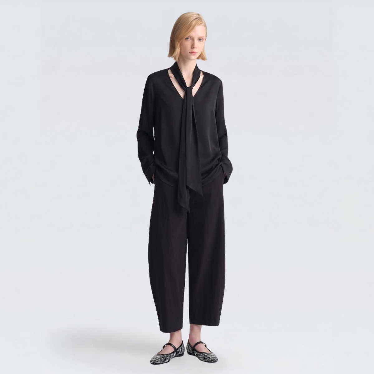 Black Viscose V-Neck Scarf Blouse