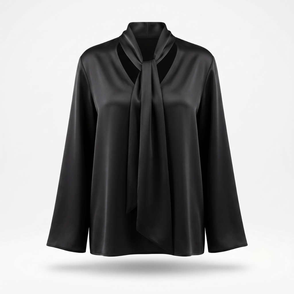 Black Viscose V-Neck Scarf Blouse