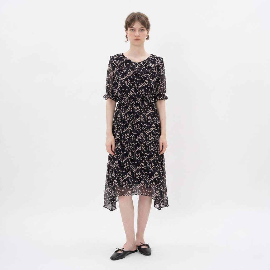 Black Floral Print Midi Dress