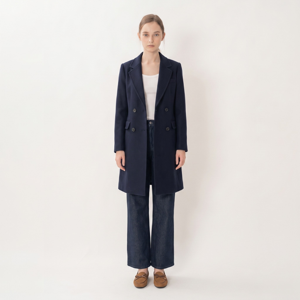 Navy Blue 100% Pure Wool Double-Faced Coat