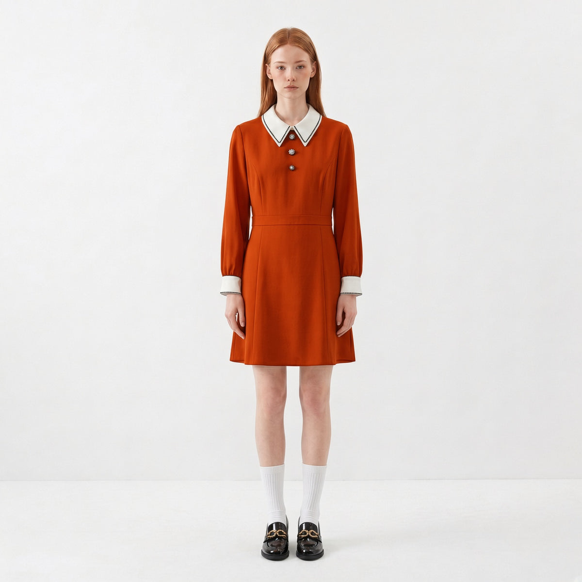 Orange Red Contrast Collar Mini Dress