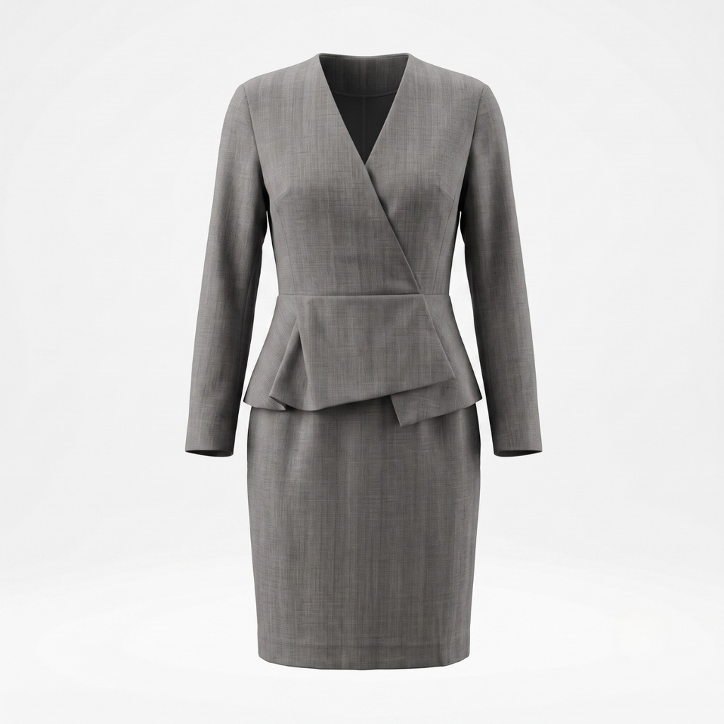 Grey V-Neck Peplum Dress