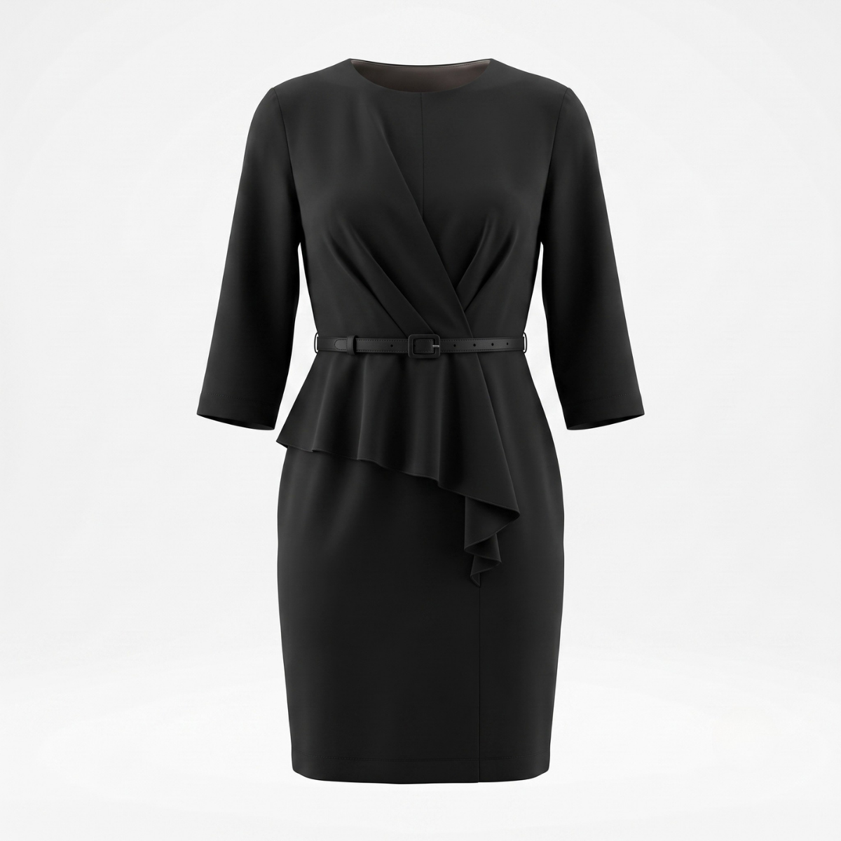 Black Asymmetric Belted Ruffle Dress
