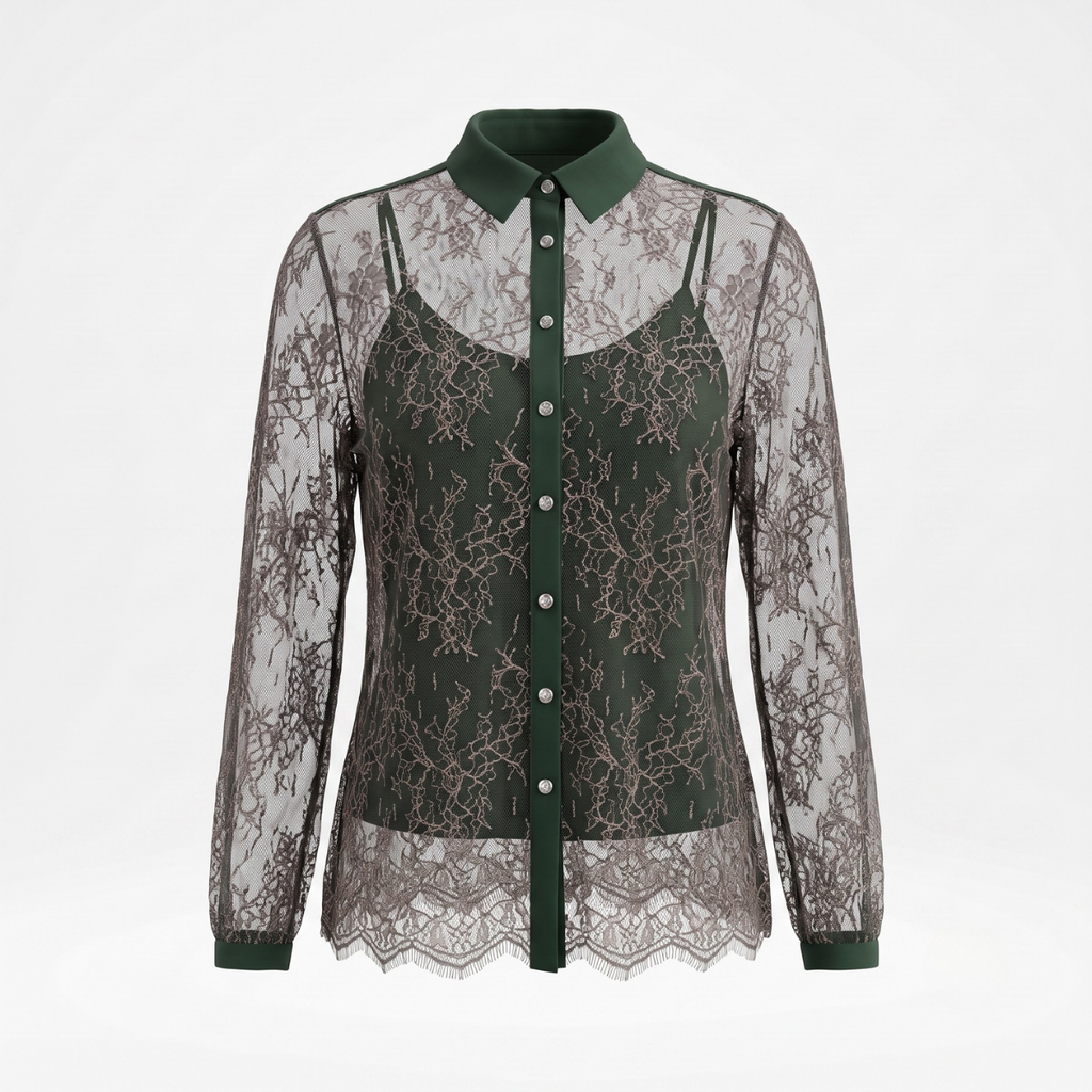 Dark Green Long Sleeve Sheer Lace Blouse