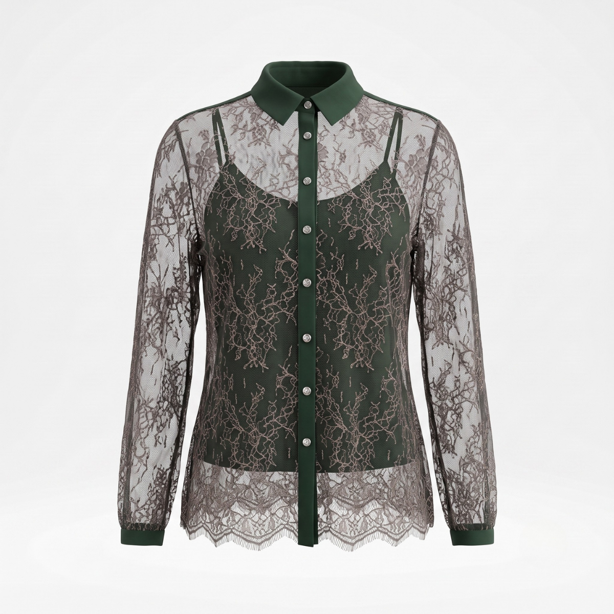 Dark Green Long Sleeve Sheer Lace Blouse