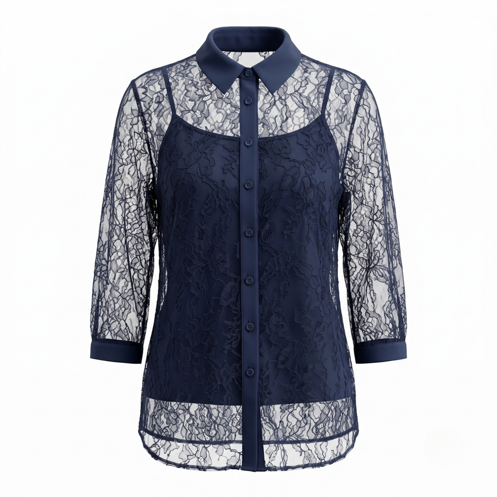 Navy Blue 3/4 Sleeve Lace Blouse with Inner Camisole