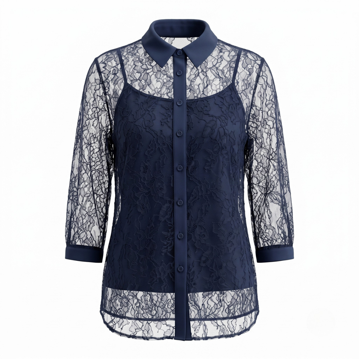 Navy Blue 3/4 Sleeve Lace Blouse with Inner Camisole
